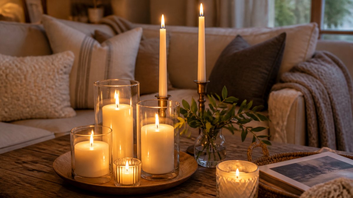 A cozy living room styled with a cluster of pillar and taper candles in glass vessels on a wooden coffee table, warm evening light, soft textiles in the background