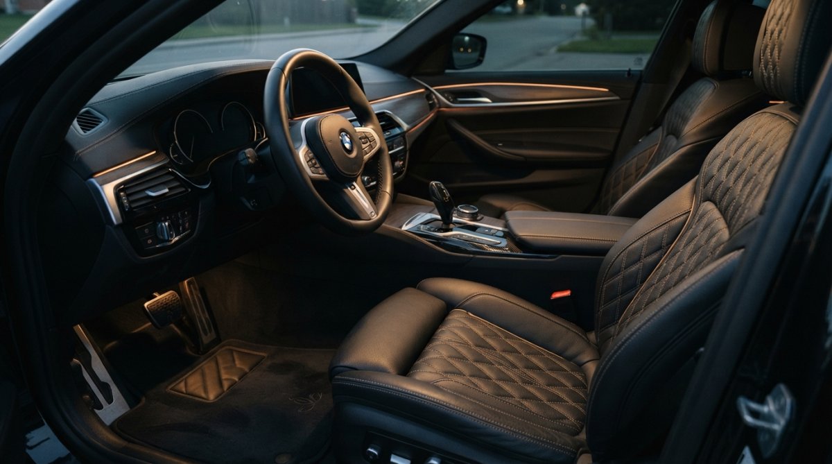 Infographic diagram detailing aesthetic car interior upgrades like ambient lighting and custom seat stitching