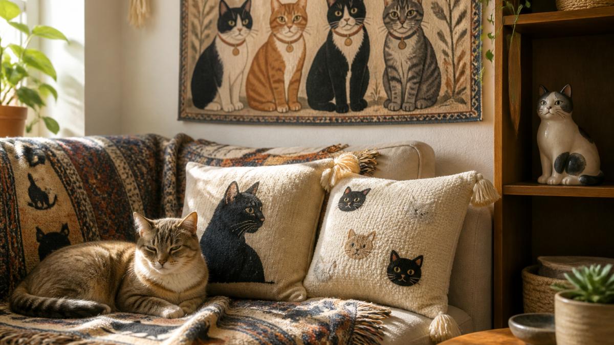 Cozy living room featuring a cat tapestry, woven blanket, ceramic figurine, and a cat resting in sunlight.