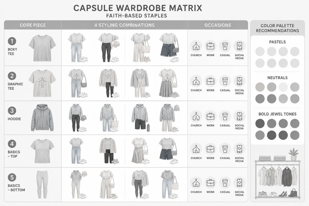 Capsule wardrobe matrix showing 5 core pieces (boxy tees, graphic tees, hoodie, basics), 4 styling combinations per piece, occasions (church, work, casual, social media), and color palette recommendations (pastels, neutrals, bold jewel tones)