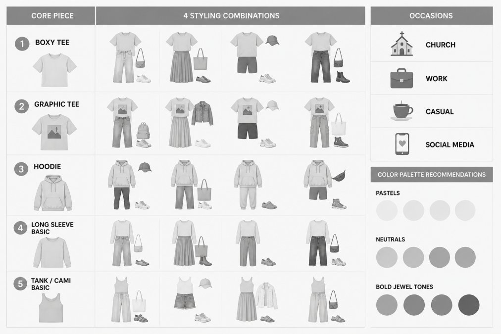 Four outfit combinations showing styling options: casual church look (boxy tee + jeans + sneakers), professional ministry (graphic tee + blazer + simple jewelry), social media ready (oversized tee + accessories + coordinated colors), everyday layered (tee + cardigan + neutral bottoms)