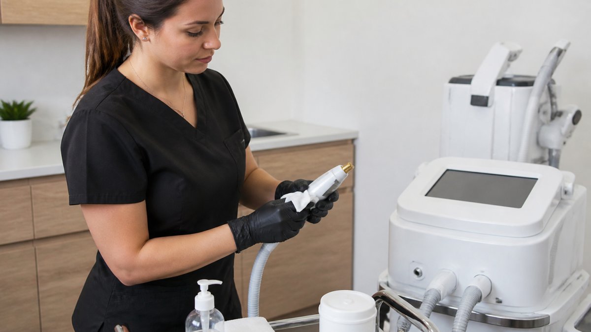 Professional cleaning a laser handpiece following equipment maintenance tips in a bright aesthetic clinic