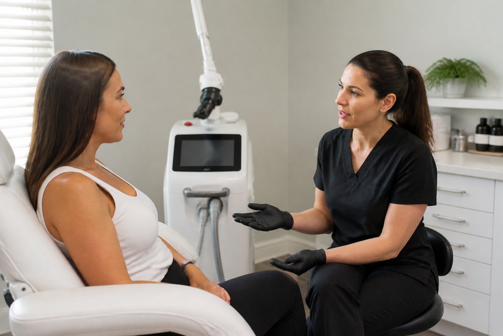 Aesthetic clinic practitioner consulting with patient at laser treatment station, demonstrating modern medical-grade equipment in a clinical environment
