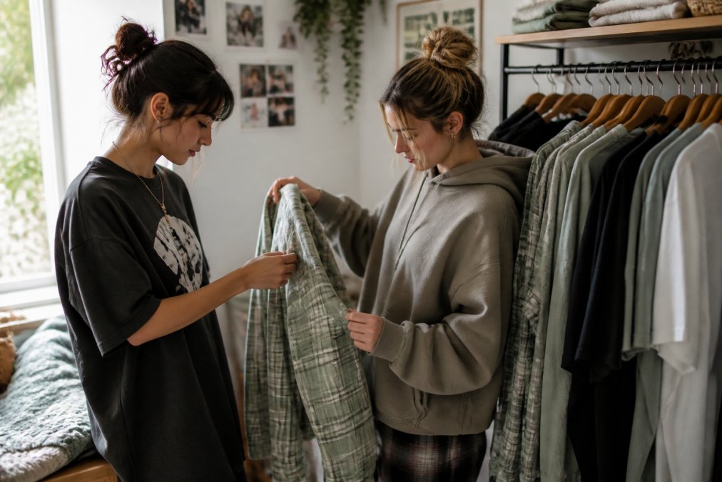 Close-up of a well-organized clothing rack displaying coordinated aesthetic pieces including graphic tees, hoodies, and sage green plaid items arranged by color and style, with warm natural lighting highlighting the fabric textures and details