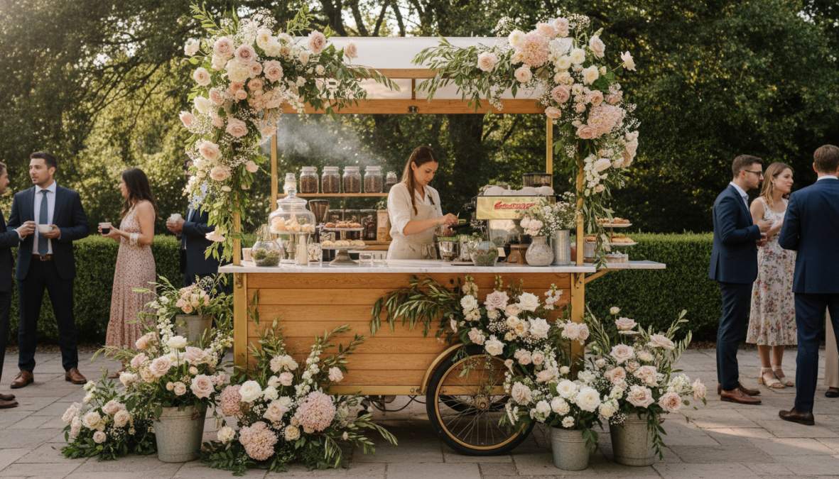 A beautifully designed mobile coffee cart at an outdoor wedding venue with white and gold accents, floral arrangements adorning the sides, a professional barista pouring latte art, guests enjoying specialty drinks under warm string lights