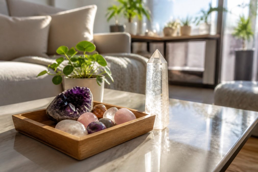 A bright, modern apartment living room with a styled coffee table featuring a wooden tray holding various tumbled stones like amethyst and rose quartz, with a clear quartz tower nearby catching sunlight
