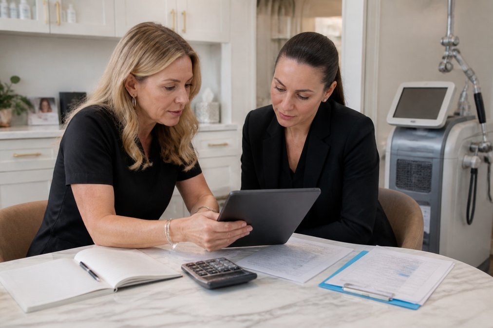 A clinic owner and a practice manager reviewing treatment cost breakdowns on a tablet in a bright, modern aesthetic clinic consultation room, with a laser device visible in the background