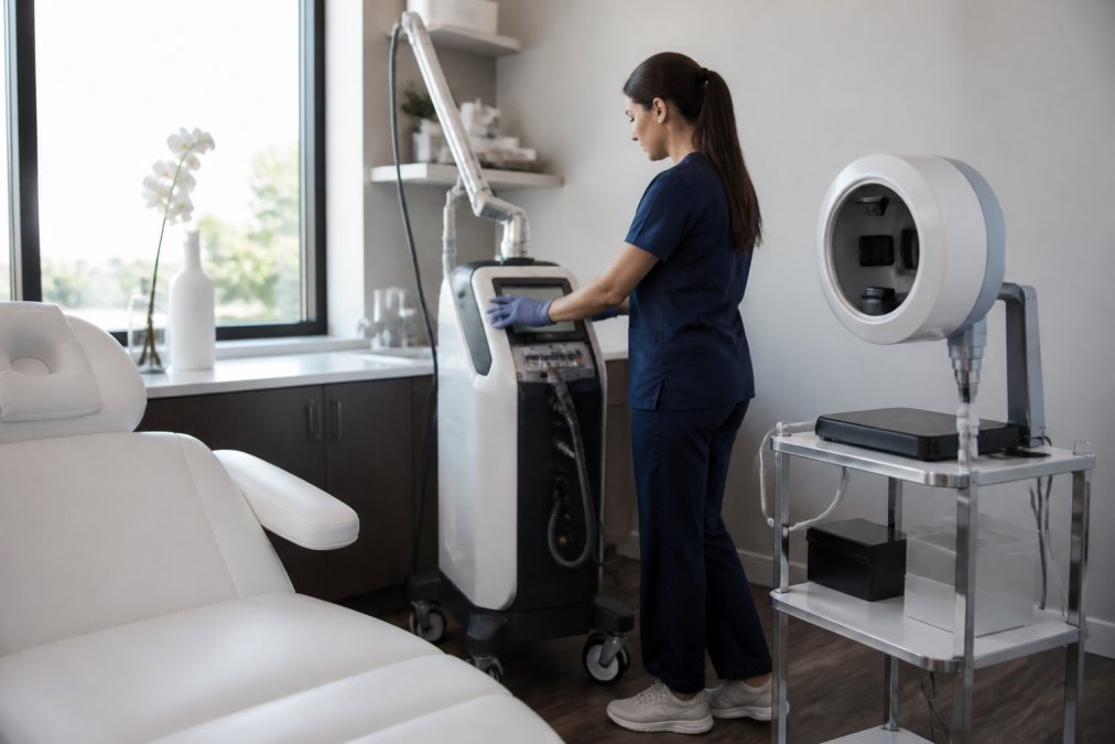 Practitioner adjusting aesthetic equipment in a bright, modern treatment room with advanced laser and skin analysis systems.