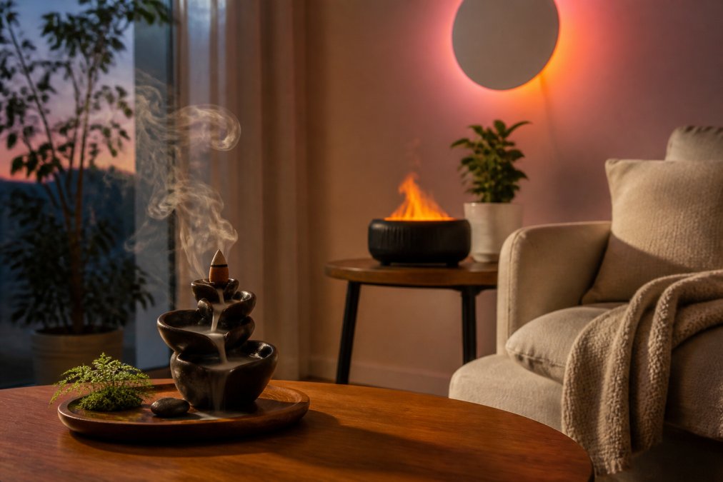 Infographic illustrating the setup of 6 aesthetic gadgets to create a peaceful home environment at dusk.