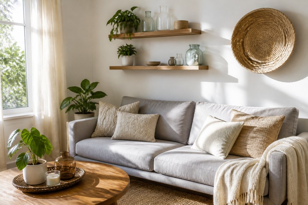 Bright, minimalist small living room featuring a low-profile gray sofa against a white wall, floating wooden shelves displaying potted plants and glass vases, a woven wall basket creating textural contrast, and layered throw pillows in neutral tones with afternoon sunlight streaming through a window