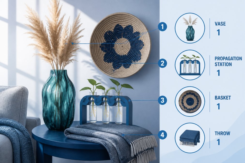 Close-up of a styled apartment side table featuring a contemporary malachite green glass vase holding tall dried pampas grass, a small Arch Wave propagation station with delicate plant cuttings, a woven Binga basket leaning against the wall above, and a folded linen throw creating layers, with soft natural window light creating shadows across the surfaces