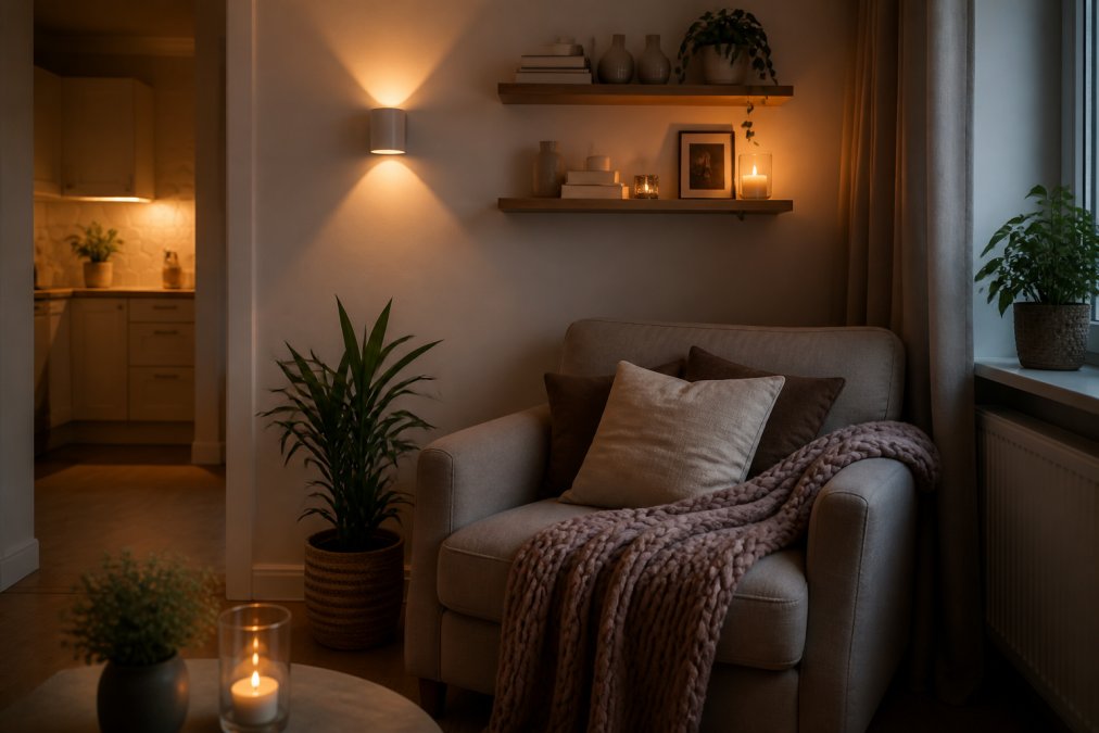 Cozy small apartment corner with warm ambient lighting from LED color-changing wall light, neutral furniture, and layered textiles creating visual depth and calm atmosphere