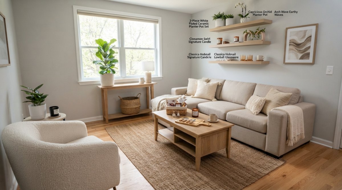Cozy small living room with a compact loveseat, floating shelves, multi-functional coffee table with hidden storage, and layered textures in warm neutral tones with natural window light
