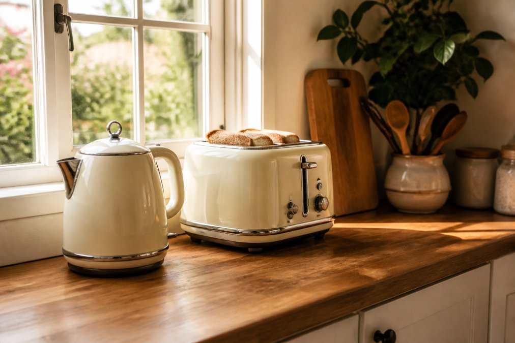 A vintage-inspired kitchen setup with pastel-coloured retro appliances including a cream kettle and matching toaster on a wooden countertop with warm natural light streaming through a window