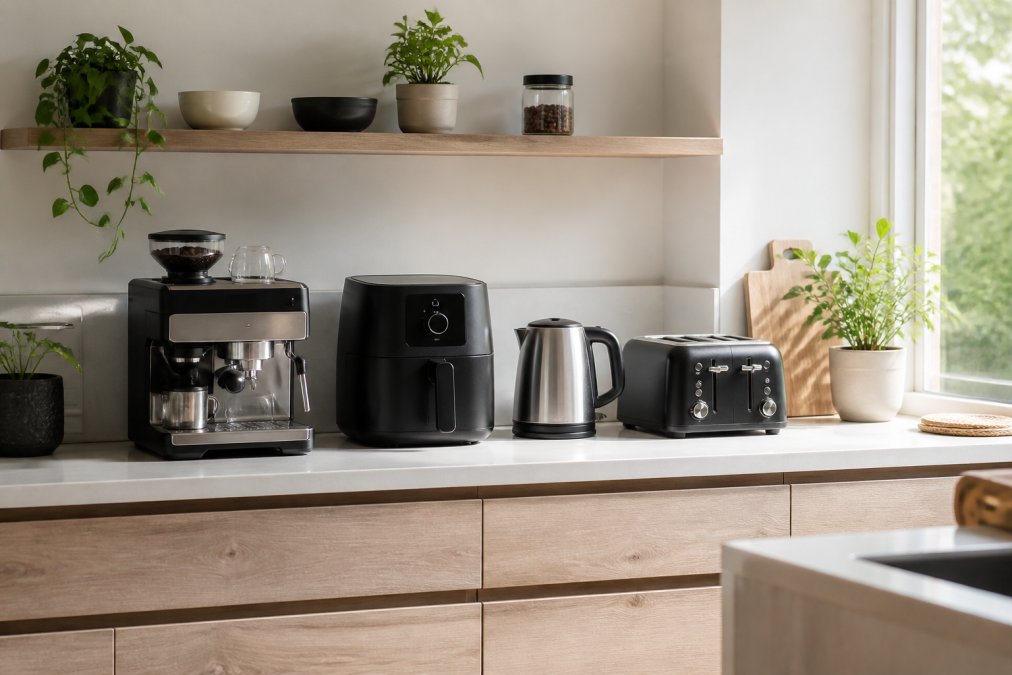 A modern kitchen countertop styled with coordinated matte black and stainless steel appliances, small potted plants, and minimal decor on pale wood cabinetry with natural morning light