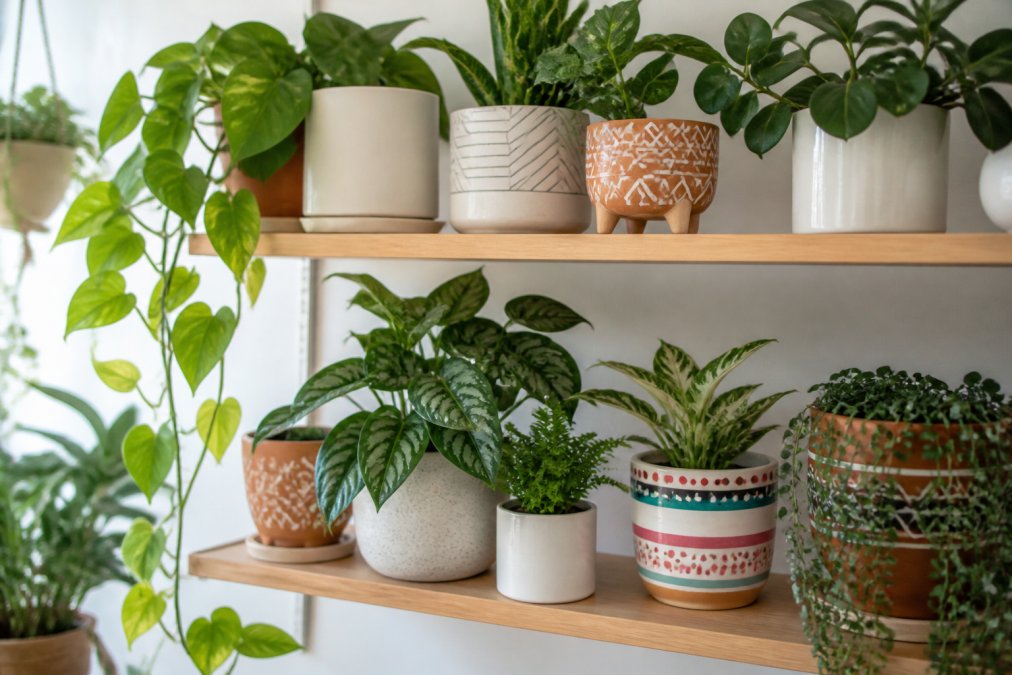 Bright living room shelf displaying multiple aesthetic plant pots in different styles, minimalist white ceramic, warm terracotta, and colourful boho designs with trailing houseplants and foliage creating a curated indoor jungle display