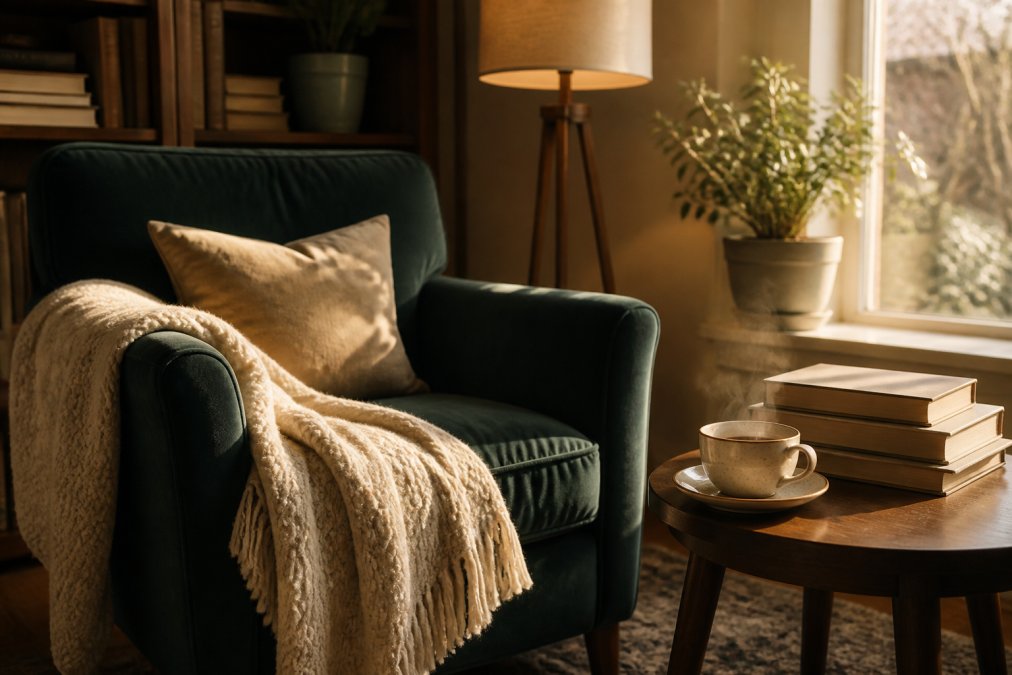A warm, inviting reading corner with a velvet armchair, a stack of books on a wooden side table, a soft throw blanket, and a steaming mug of tea on a saucer, lit by a nearby floor lamp in the late afternoon
