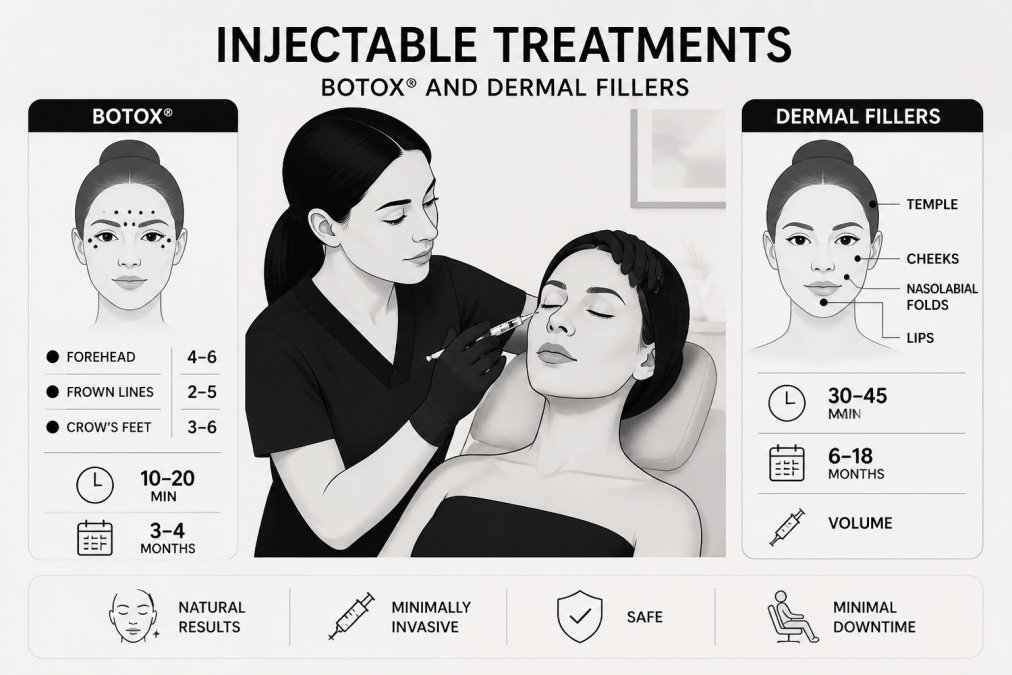 Professional demonstrating injectable treatment technique with patient in modern clinical setting showing proper injection placement and patient comfort during minimally invasive procedure