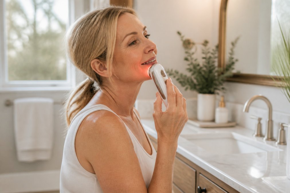 Person using professional-grade skincare device at home in well-lit bathroom setting, demonstrating ease and convenience of at-home anti-aging technology with proper lighting and relaxed posture
