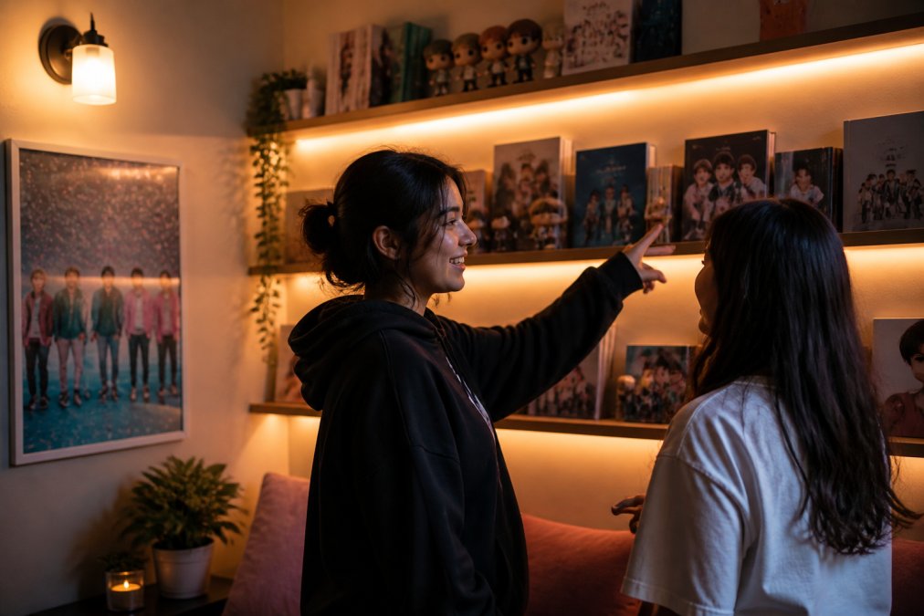 A corner of a stan cave featuring warm LED strip lighting behind floating shelves displaying K-pop albums and collectible figures, with a dimmable wall sconce casting soft light on a framed concert poster, creating layered ambient lighting