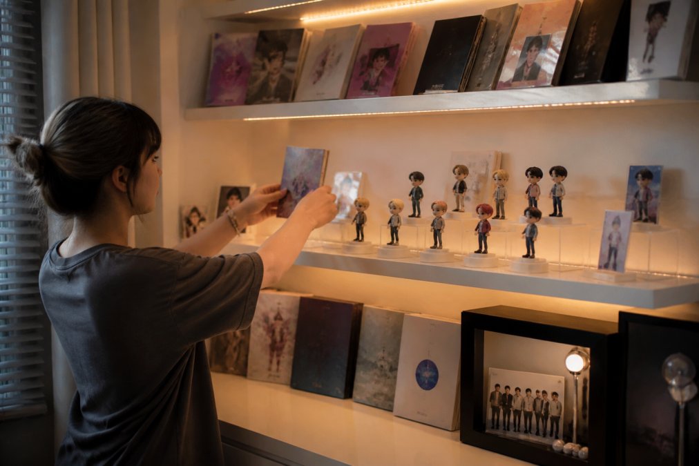 A well-organized floating shelf display featuring K-pop albums arranged at varying angles, collectible figurines positioned on small risers, concert merchandise in shadow boxes, and accent lighting highlighting each item against a neutral backing