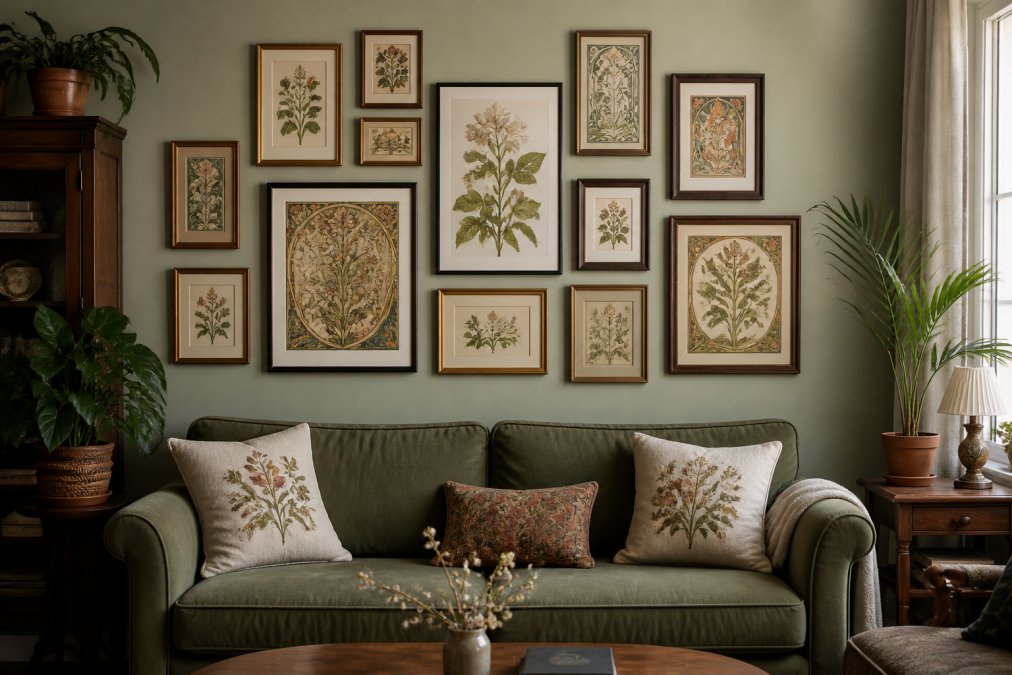 A living room wall displaying a curated gallery arrangement of framed botanical and Art Nouveau prints in warm earth tones, with multiple frames of varying sizes creating visual balance and depth