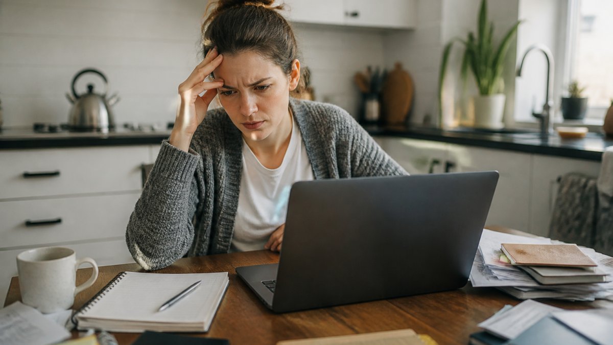 A person sitting at a kitchen table with a laptop, notebook and coffee, looking thoughtfully at course options on screen, with a frustrated but determined expression