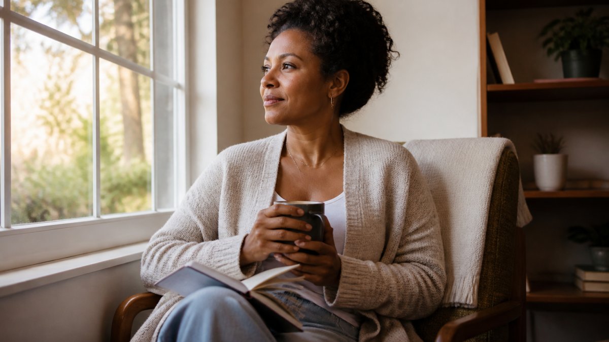 Woman in her 40s sitting peacefully by a sunlit window with a journal and warm beverage, reflecting with a calm, confident expression, representing inner wisdom and self-awareness