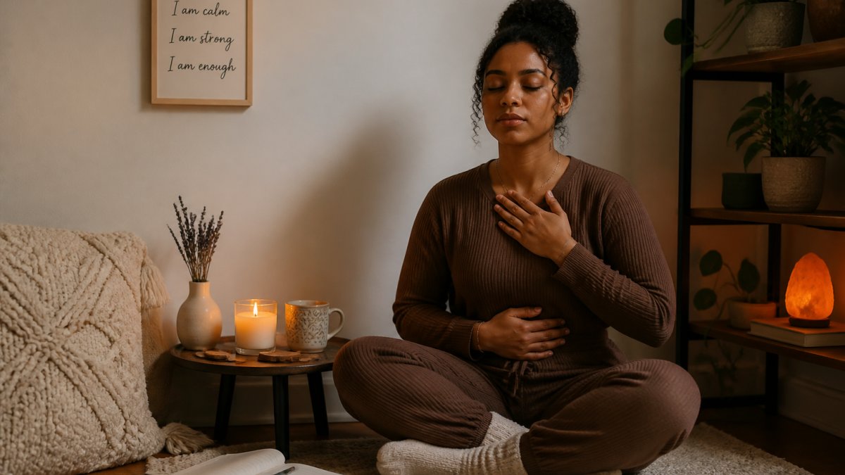 Woman sitting in a calm corner with a journal and candle during meditation