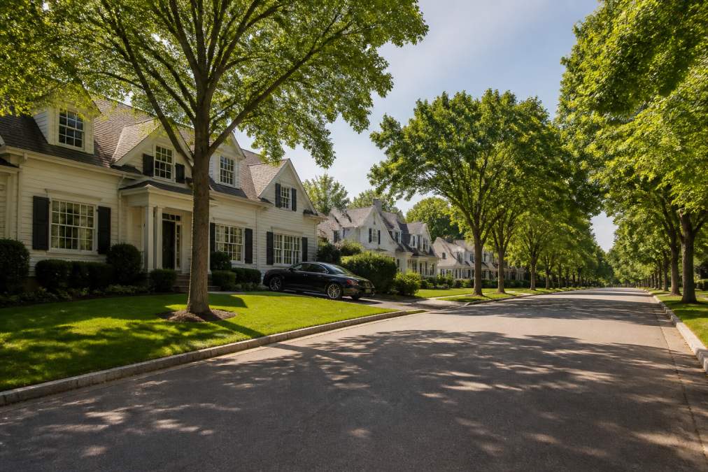 Tree-lined suburban street with large colonial homes in one of the affluent towns in NJ during a sunny morning.