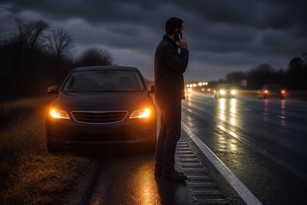 Driver standing safely beside their disabled vehicle on the roadside, hazard lights blinking, using a smartphone to call for help while maintaining distance from traffic