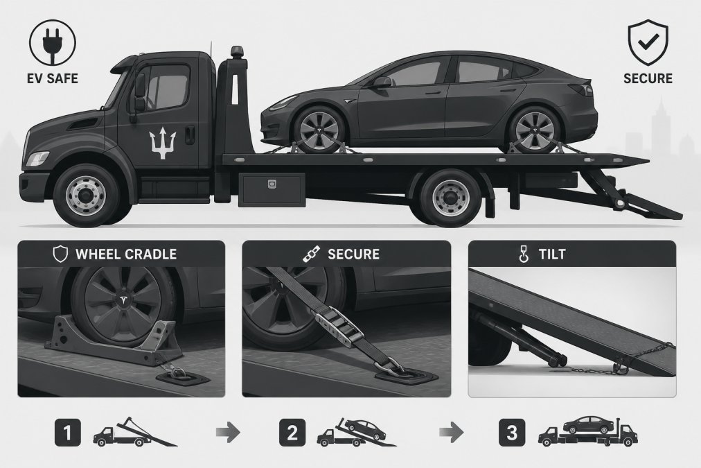 Professional flatbed tow truck with Tesla securely loaded and properly fastened using wheel cradles, showing safe loading procedures in daylight