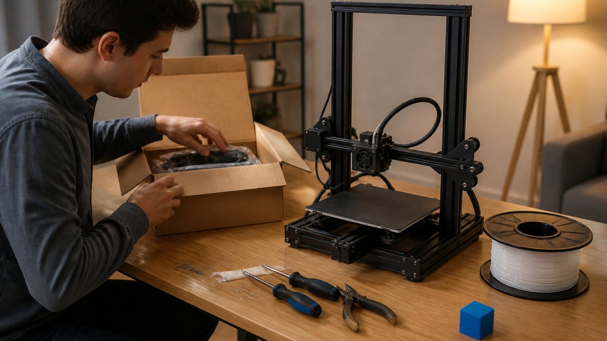 Person unpacking a compact open-frame 3D printer at a tidy desk with tools and a calibration cube nearby