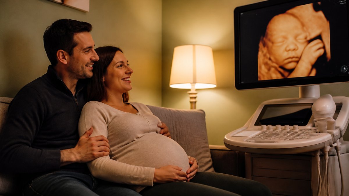 A pregnant woman and her partner sitting comfortably in a warm, softly lit ultrasound studio, looking at a screen displaying a 3D ultrasound image of their baby, with cozy seating and gentle lighting