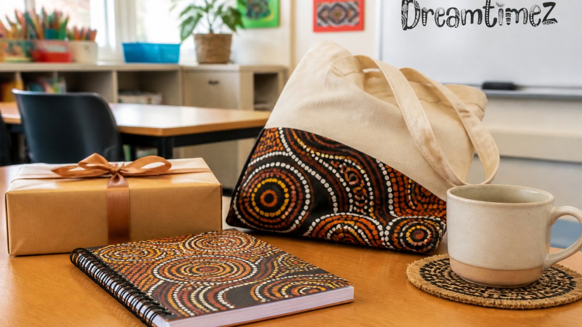 A teacher's desk in a bright classroom with a wrapped gift box, a notebook featuring Indigenous dot artwork, and a tote bag resting beside a coffee cup