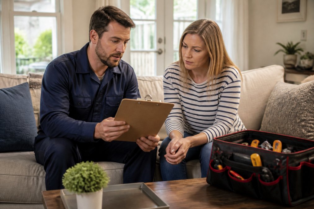 Licensed HVAC technician in uniform reviewing system specifications with homeowner in residential living room, both examining paperwork on clipboard, natural afternoon lighting through windows