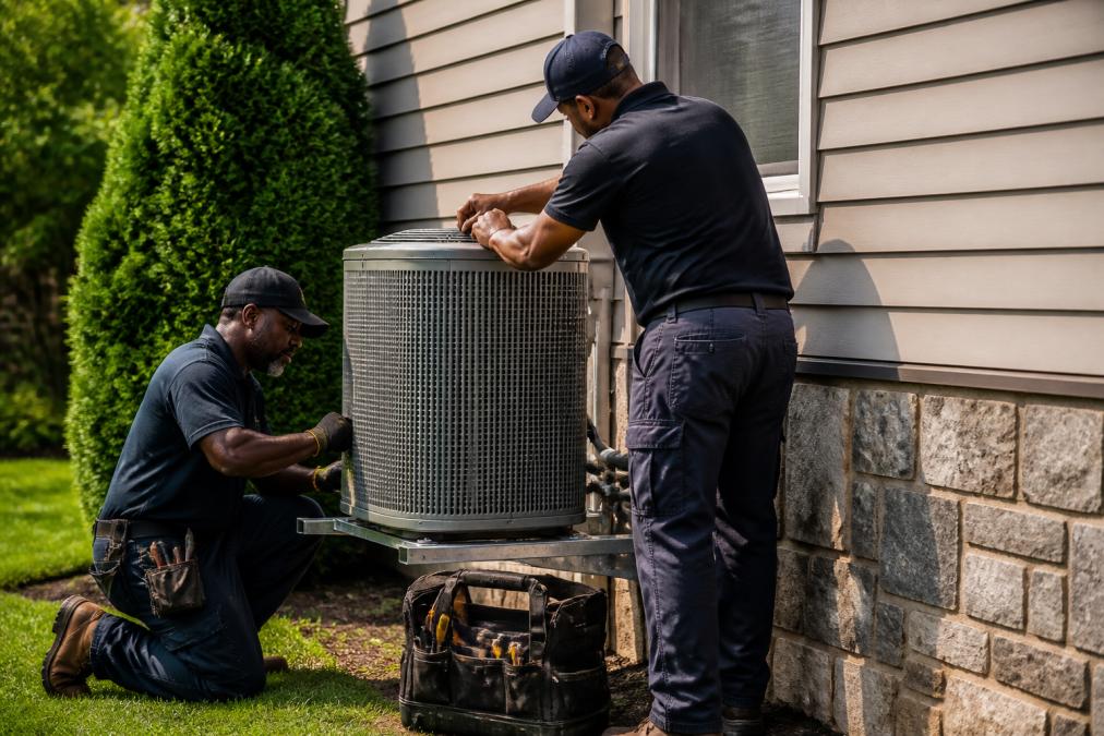 Two professional HVAC technicians installing outdoor air conditioning unit on side of residential home, with tools and equipment visible, afternoon sunlight