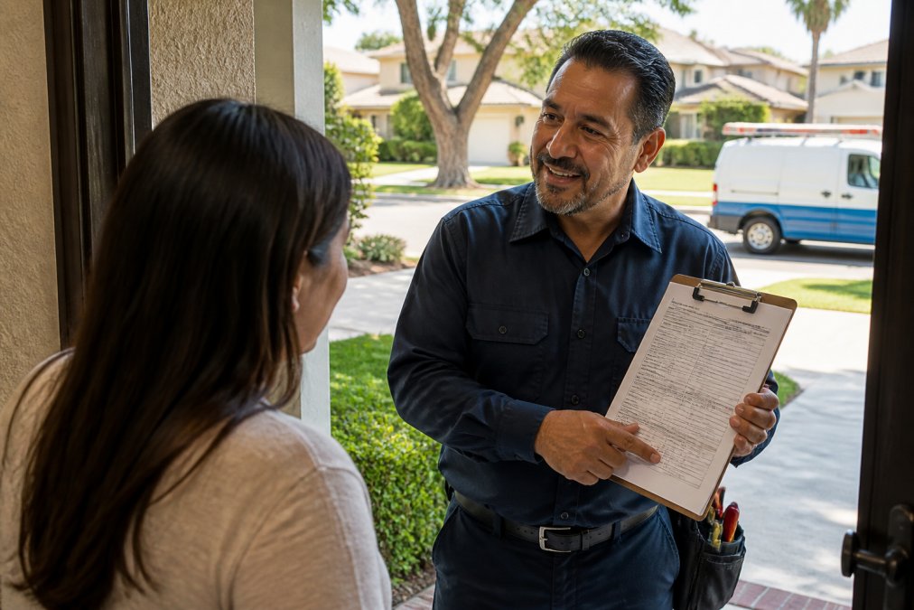 A professional HVAC technician in a branded uniform showing a detailed written estimate to a homeowner at their front door in a sunny Southern California neighborhood