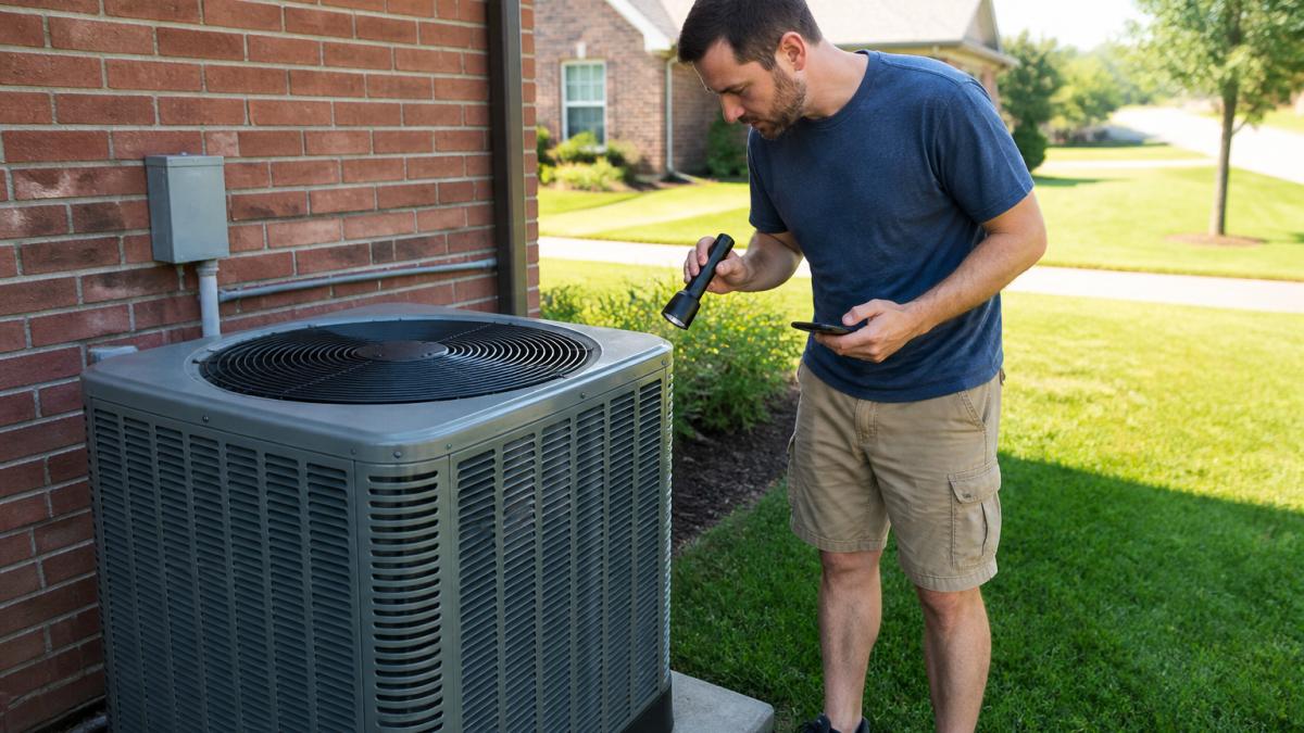 Homeowner checking an outdoor AC condenser unit with a flashlight to perform affordable ac repair troubleshooting