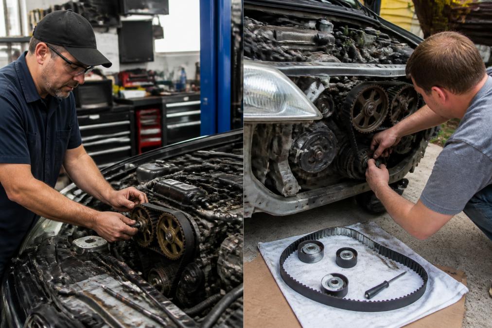 Professional mechanic in a well-equipped repair shop working on an Acura engine's timing system, hands carefully manipulating timing belt components with diagnostic tools and specialized equipment visible in the background under bright shop lighting