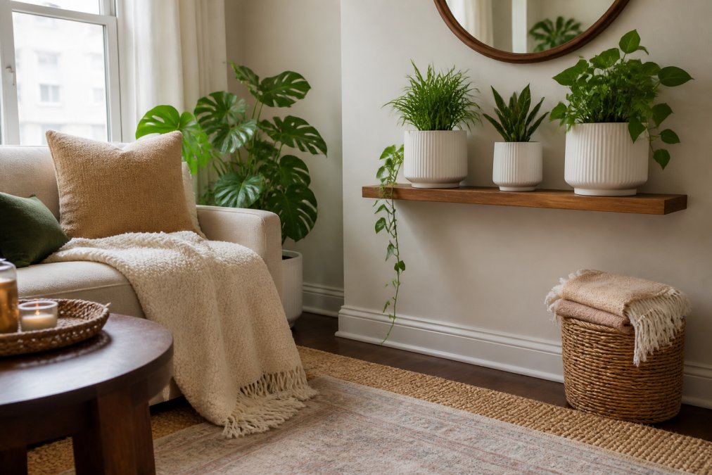 A cozy rental apartment corner featuring a white ceramic planter set with lush green plants on a floating shelf, layered area rugs in complementary neutral and patterned tones, and soft velveteen throw blankets creating a warm, personalized aesthetic