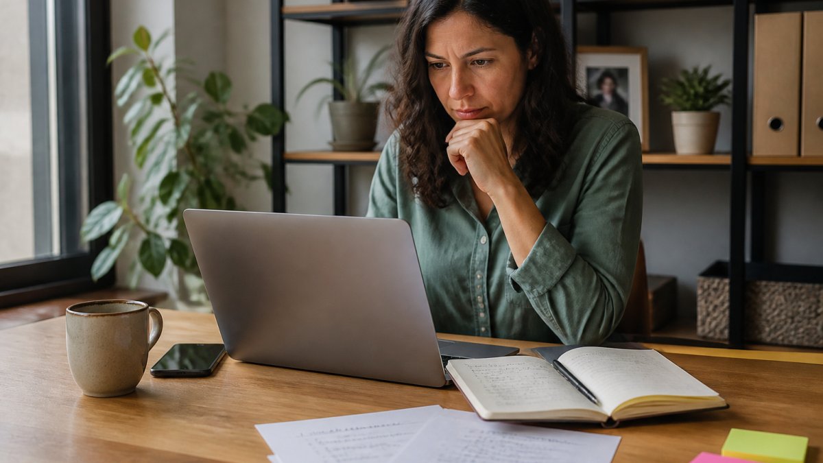 Small business owner reviewing software options on a laptop at desk with notes and coffee cup, focused and strategic expression, natural office lighting