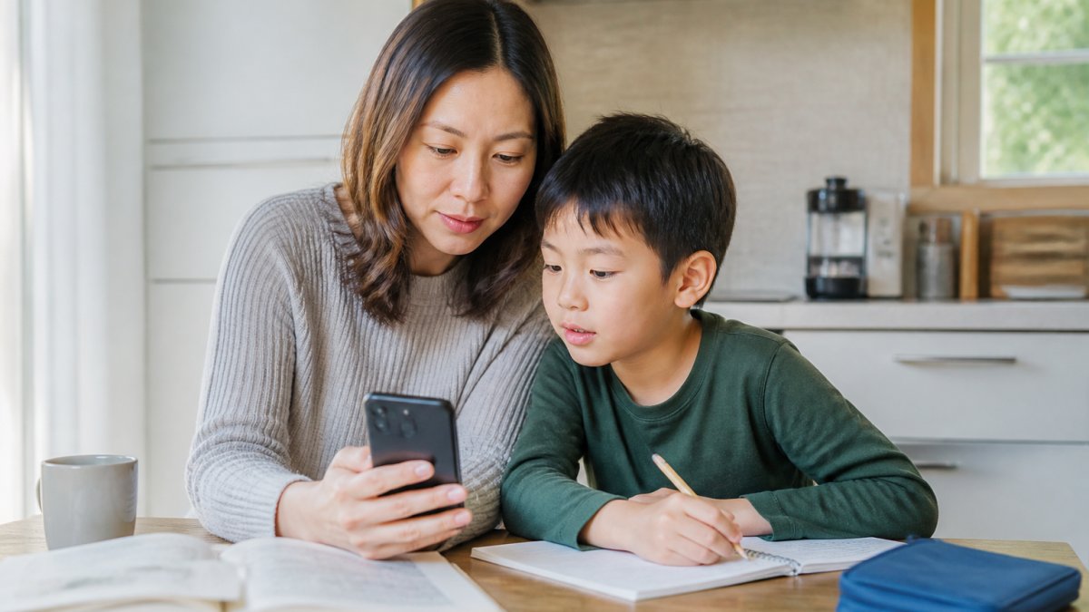 A parent and elementary-aged child sitting together at a kitchen table, looking at a smartphone showing a homework assignment, warm natural light, relaxed body language