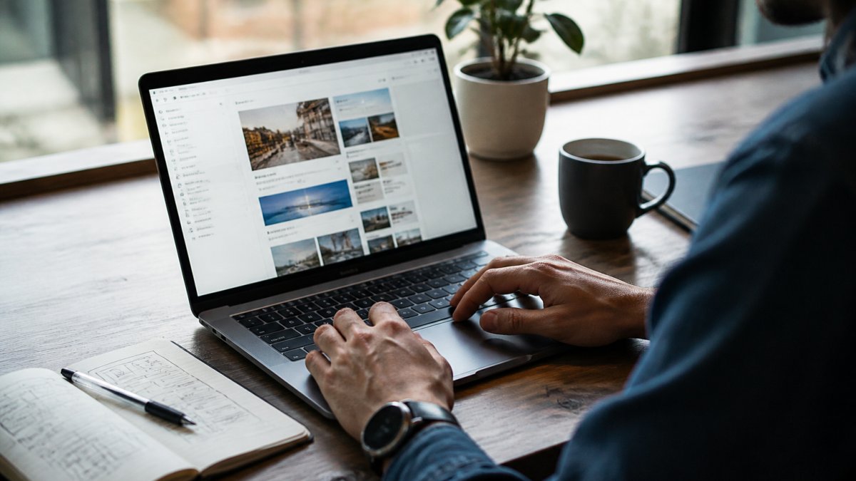 Affordable AI Website Builders: Skip the Expensive Platforms Professional entrepreneur at desk reviewing website builder interface on laptop screen, with design notes and coffee nearby, bright natural office lighting from window
