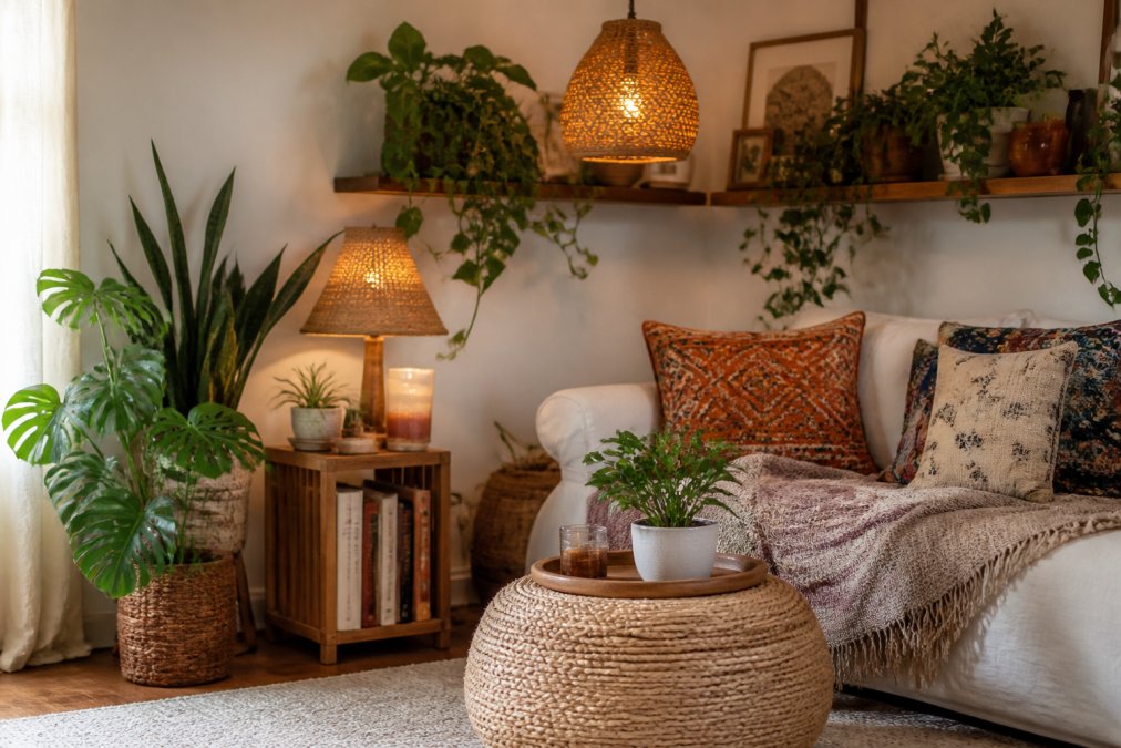 Cozy living room corner with vintage textiles and rattan decor inspired by the Anthropologie home decor aesthetic.