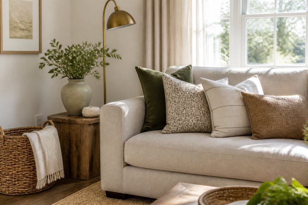 A bright living room styled with budget-friendly decor: a neutral sofa with layered throw pillows, a brass-toned floor lamp, a woven basket, and a ceramic vase on a wooden side table. Natural light from a window highlights the textures.