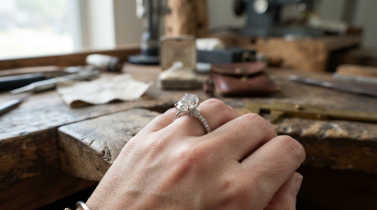 Close-up of an engagement ring featuring a moissanite or lab-grown stone set in white metal, photographed under natural light to show brilliance and sparkle against a soft background