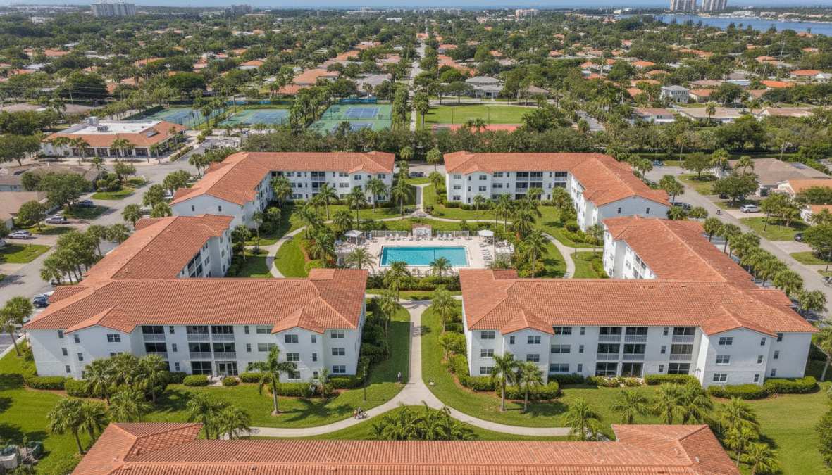 Tree-lined residential street in suburban Boca Raton with modern garden-style apartment buildings, palm trees, and well-maintained landscaping under afternoon sunlight