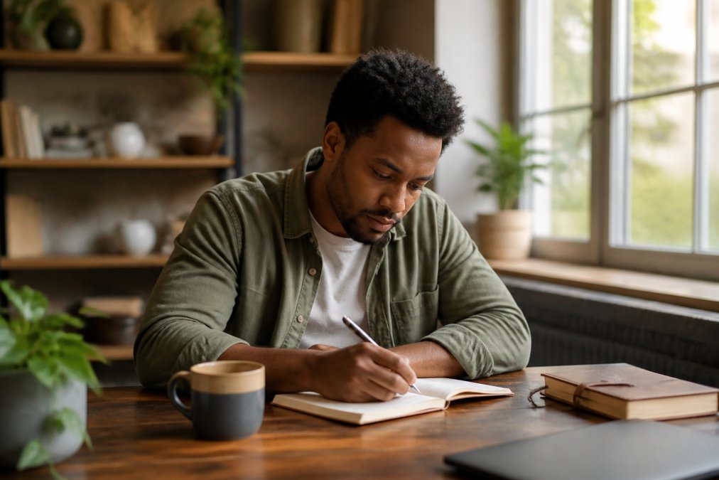 Person sitting at a desk with a journal, coffee, and laptop, writing notes during a quiet morning reflection session in natural light