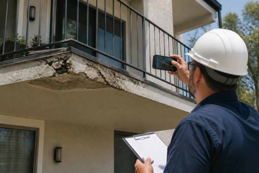 Licensed structural inspector examining a residential balcony with clipboard and measuring tools, documenting findings and taking photographs on-site in afternoon sunlight